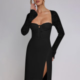 Women Sexy Lace Long Sleeve Patchwork Slit Dress