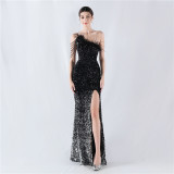 Women Ostrich Feather Beaded Sequin One Shoulder Slash Shoulder Slit Evening Dress