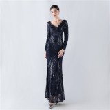 Women Positioning Flower Beaded Long Sleeve Evening Dress