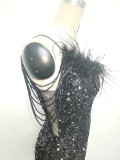 Women Ostrich Feather Beaded Sequin One Shoulder Slash Shoulder Slit Evening Dress