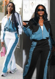 Women Fall/Winter Denim Patchwork Jacket Trousers Two Piece Set
