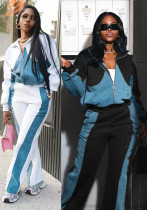 Women Fall/Winter Denim Patchwork Jacket Trousers Two Piece Set Women Fall/Winter Denim Patchwork Jacket Trousers Two Piece Set