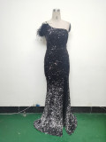 Women Gradient Velvet Bottom Beaded Ostrich Feather One Shoulder Slash Shoulder Slit Evening Dress