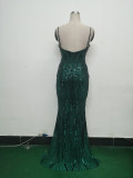 Women Fishbone Sequin Positioning Flower Evening Dress