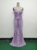 Women Fishbone Sequin Positioning Flower Evening Dress