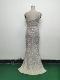 Women Ostrich Feather Beaded Sequin One Shoulder Slash Shoulder Slit Evening Dress