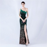 Women Ostrich Feather Beaded Sequin One Shoulder Slash Shoulder Slit Evening Dress