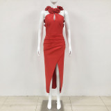 Women Sexy Sleeveless Backless Red Flower Bandage Dress
