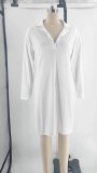 Plus Size Women White Half Open Collar Long Sleeve Dress
