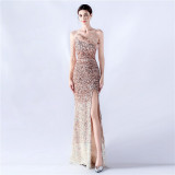 Women Ostrich Feather Beaded Sequin One Shoulder Slash Shoulder Slit Evening Dress