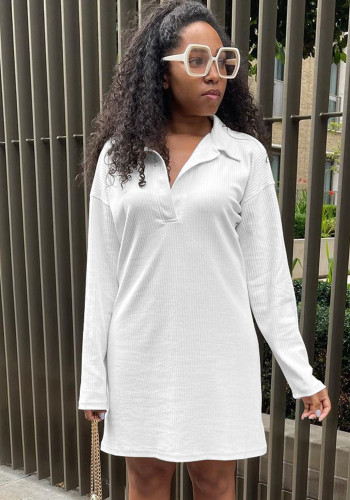 Plus Size Women White Half Open Collar Long Sleeve Dress