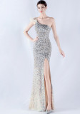 Women Gradient Velvet Bottom Beaded Ostrich Feather One Shoulder Slash Shoulder Slit Evening Dress