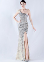 Women Gradient Velvet Bottom Beaded Ostrich Feather One Shoulder Slash Shoulder Slit Evening Dress