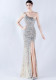 Women Gradient Velvet Bottom Beaded Ostrich Feather One Shoulder Slash Shoulder Slit Evening Dress