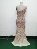 Women Ostrich Feather Beaded Sequin One Shoulder Slash Shoulder Slit Evening Dress