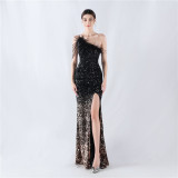 Women Ostrich Feather Beaded Sequin One Shoulder Slash Shoulder Slit Evening Dress