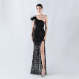 Women Gradient Velvet Bottom Beaded Ostrich Feather One Shoulder Slash Shoulder Slit Evening Dress