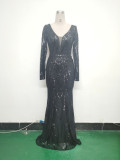 Women Positioning Flower Beaded Long Sleeve Evening Dress