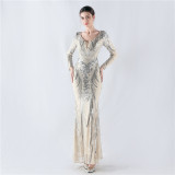 Women Positioning Flower Beaded Long Sleeve Evening Dress