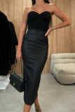 Women Pocket Pu-Leather Slit Bodycon Skirt