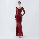 Women Positioning Flower Beaded Long Sleeve Evening Dress