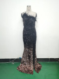 Women Ostrich Feather Beaded Sequin One Shoulder Slash Shoulder Slit Evening Dress