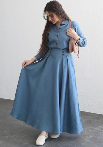 Women Solid Long-sleeved Shirt And Skirt Two Piece Set