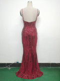 Women Fishbone Sequin Positioning Flower Evening Dress