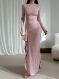 Women Casual Lace-up Elastic Long Sleeve Dress