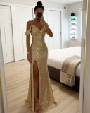 Women Suspender Sequin Slit Dress