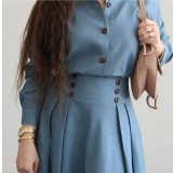 Women Solid Long-sleeved Shirt And Skirt Two Piece Set