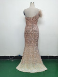 Women Gradient Velvet Bottom Beaded Ostrich Feather One Shoulder Slash Shoulder Slit Evening Dress