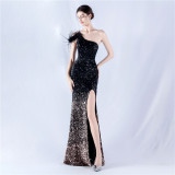 Women Gradient Velvet Bottom Beaded Ostrich Feather One Shoulder Slash Shoulder Slit Evening Dress
