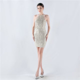 Women Tassel Sequin Halter Neck Beaded Evening Dress