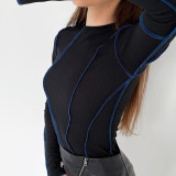 Women Round Neck Bell Bottom Sleeve Ribbed Top Long Sleeve T-shirt
