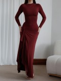 Women Casual Lace-up Elastic Long Sleeve Dress