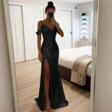 Women Suspender Sequin Slit Dress