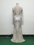 Women Positioning Flower Beaded Long Sleeve Evening Dress