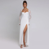 Women Sexy Lace Long Sleeve Patchwork Slit Dress