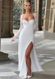 Women Sexy Lace Long Sleeve Patchwork Slit Dress