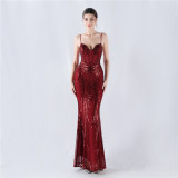 Women Fishbone Sequin Positioning Flower Evening Dress