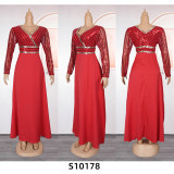 Plus Size African Women Autumn Lace Patchwork Sequins Dress