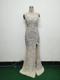 Women Ostrich Feather Beaded Sequin One Shoulder Slash Shoulder Slit Evening Dress