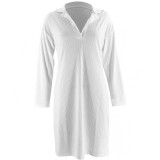 Plus Size Women White Half Open Collar Long Sleeve Dress