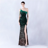 Women Ostrich Feather Beaded Sequin One Shoulder Slash Shoulder Slit Evening Dress