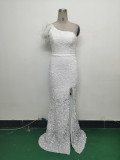 Women Gradient Velvet Bottom Beaded Ostrich Feather One Shoulder Slash Shoulder Slit Evening Dress