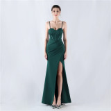 Fishbone Slim Waist Solid Color Satin Evening Dress