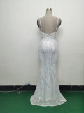 Fishbone Slim Waist Sexy Rhinestone Chain Strap Evening Dress