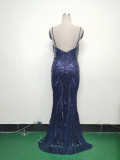 Fishbone Slim Waist Sexy Rhinestone Chain Strap Evening Dress