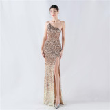 Gradient Sequins High Slit Slash Shoulder Sexy Evening Dress